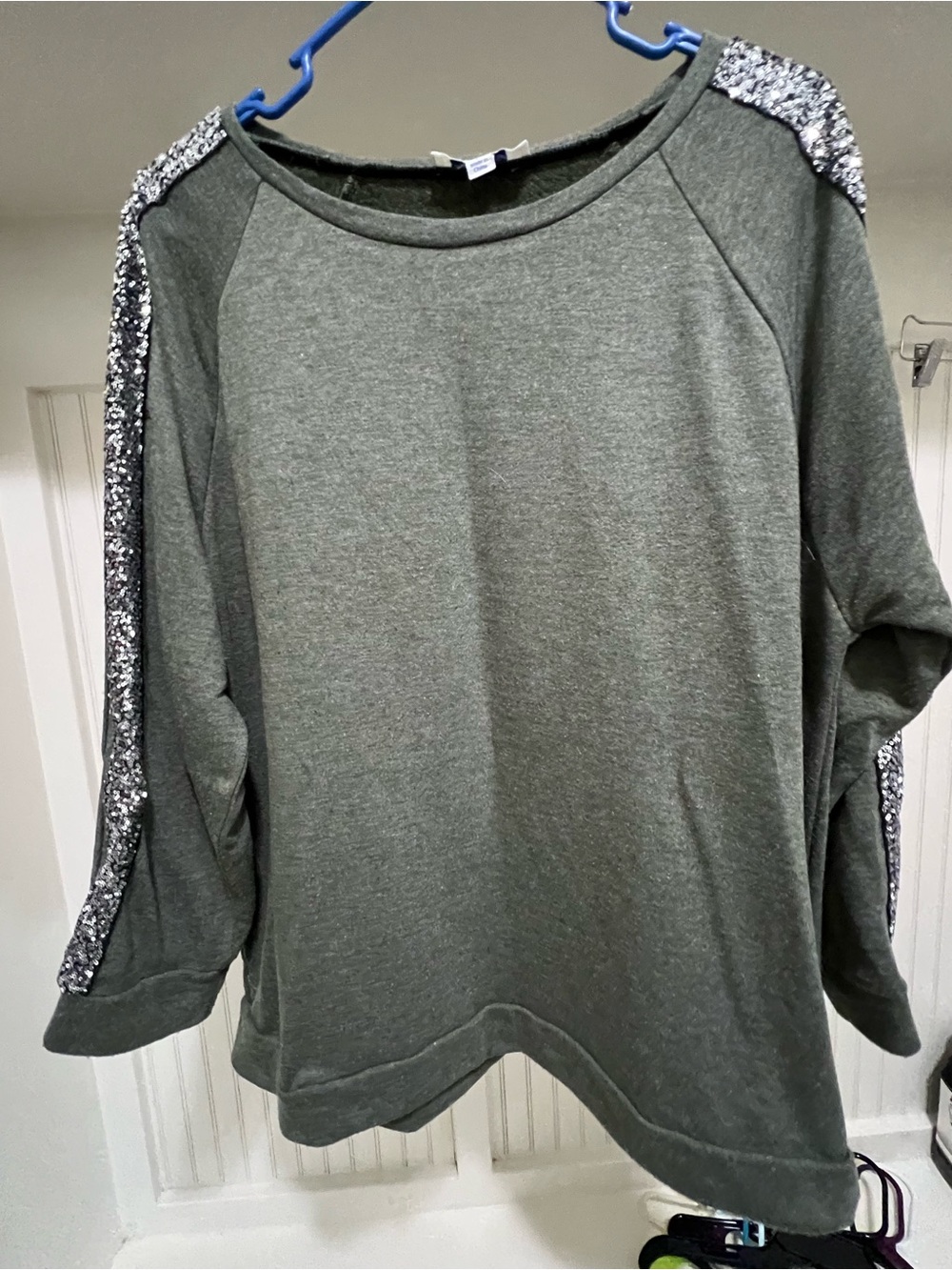 She + Sky Dark Olive Green Crewneck Sweatshirt with Sequin Sleeve detail